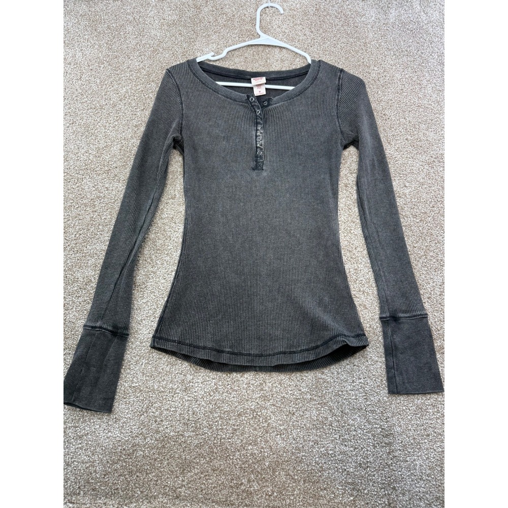 Mossimo Supply Co Womens Waffle Knit Henley Long Sleeve Shirt Gray M Y2K Layer